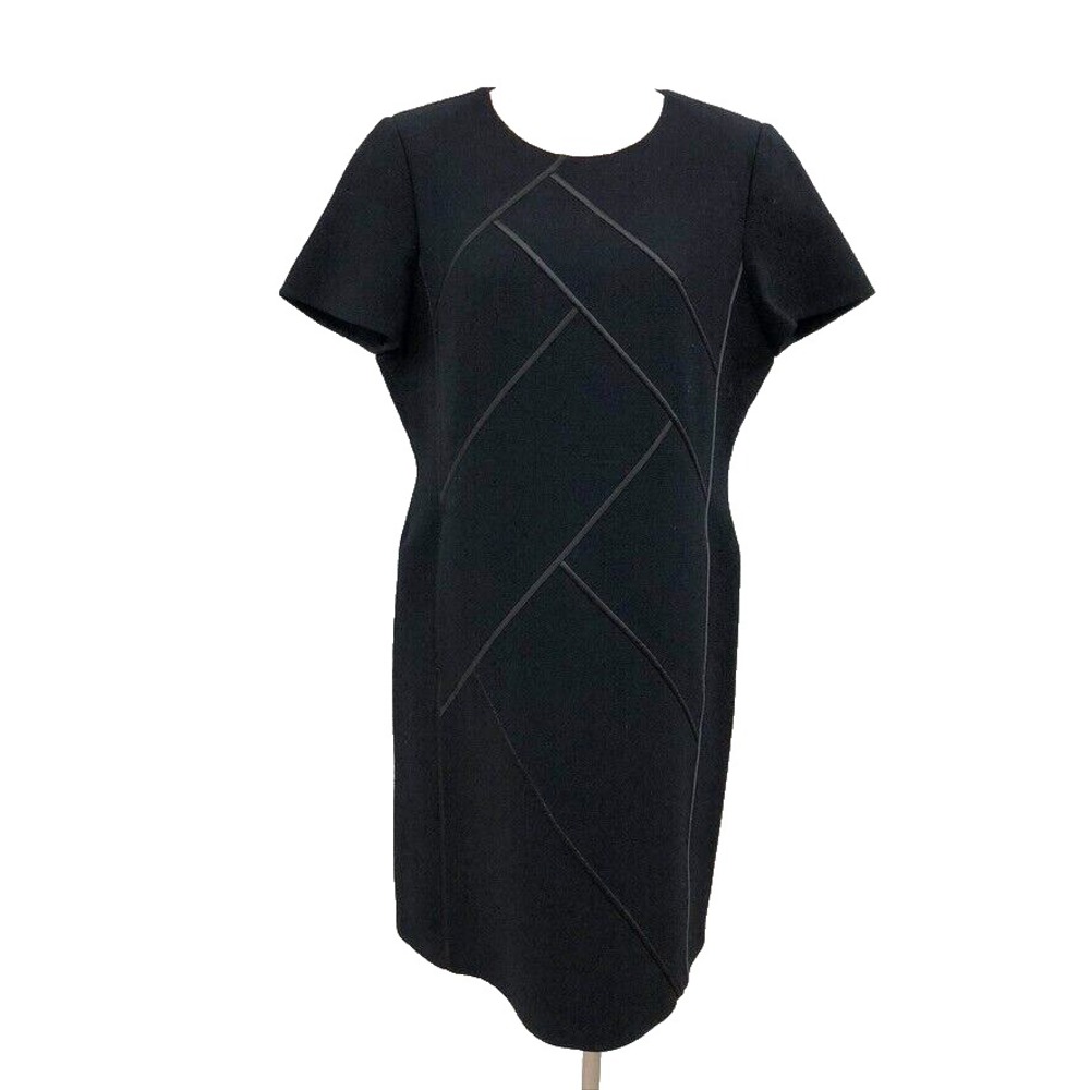 Lafayette 148 Wool Sheath Dress Womens Large Black Short Sleeve Knee Length
